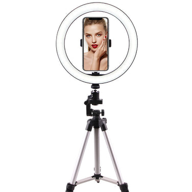 LED Ring Light with smartphone holder for enhanced lighting in photography and video calls.