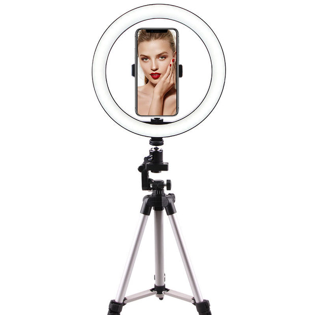 LED Ring Light with smartphone holder for enhanced lighting in photography and video calls.