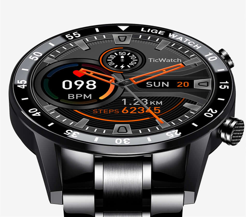 Lige's Smart Watch displaying health metrics like BPM and steps, showcasing modern wearable technology.