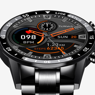 Lige's Smart Watch displaying health metrics like BPM and steps, showcasing modern wearable technology.