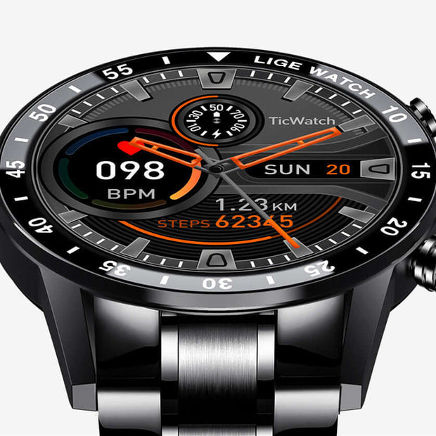 Lige's Smart Watch displaying health metrics like BPM and steps, showcasing modern wearable technology.