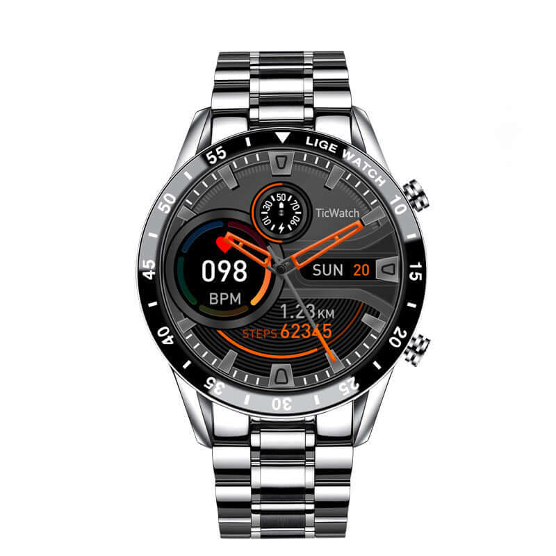 Lige's Smart Watch displaying health metrics and sleek design with a stainless steel band.