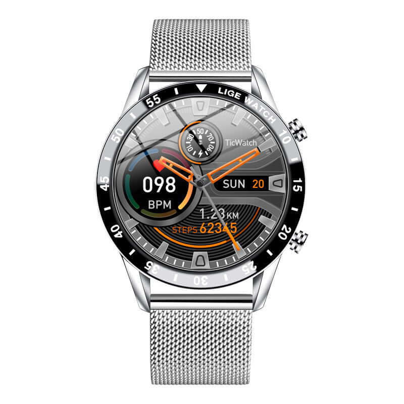 Lige's Smart Watch showing health metrics and stylish design with mesh strap and modern dial features.