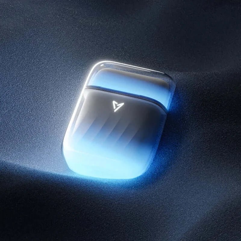 Luminous Gaming Earbuds charging case with sleek design and blue lighting on a dark background.