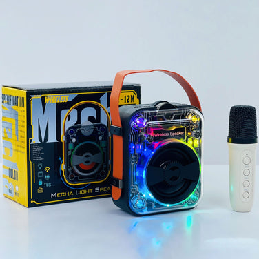 Mech Bluetooth Speaker Creative Saibo with colorful lights and microphone, showcasing compact design and wireless functionality.