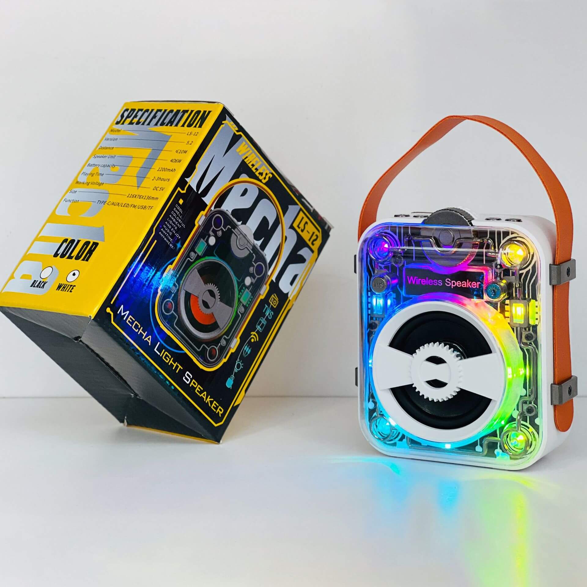 Mech Bluetooth Speaker Creative Saibo showcased with vibrant lights and packaging, highlighting its unique design and portability.