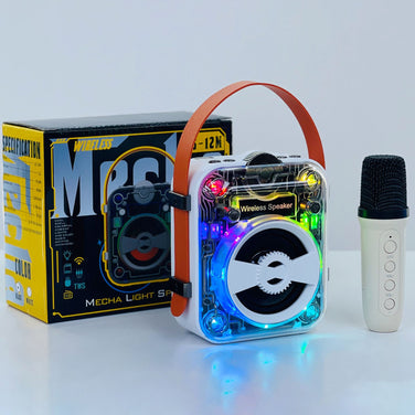 Mech Bluetooth Speaker Creative Saibo with bright lights and accompanying microphone on display.