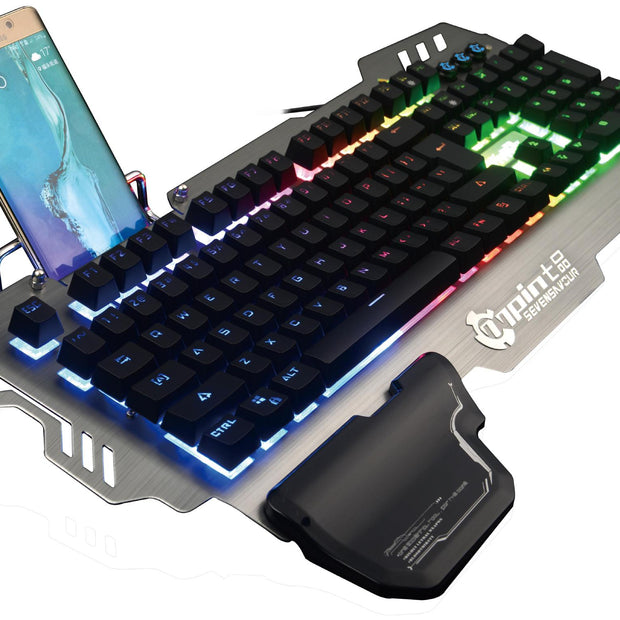 Metal Mechanical Keyboard with Mixed Light featuring RGB lighting and smartphone holder.