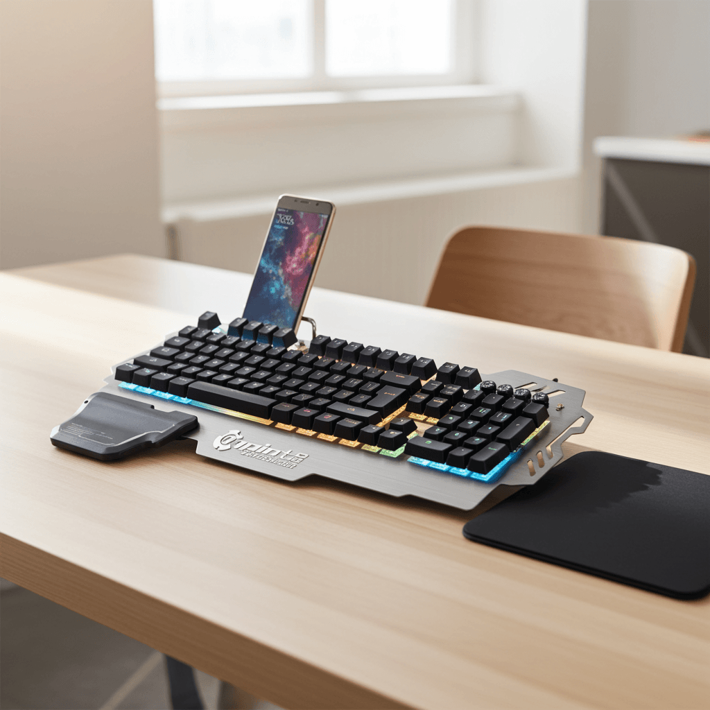 Metal Mechanical Keyboard with Mixed Light on a desk showcasing its design and RGB lighting effects.
