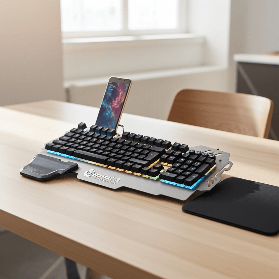 Metal Mechanical Keyboard with Mixed Light on a desk showcasing its design and RGB lighting effects.