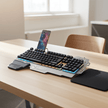 Metal Mechanical Keyboard with Mixed Light on a desk showcasing its design and RGB lighting effects.