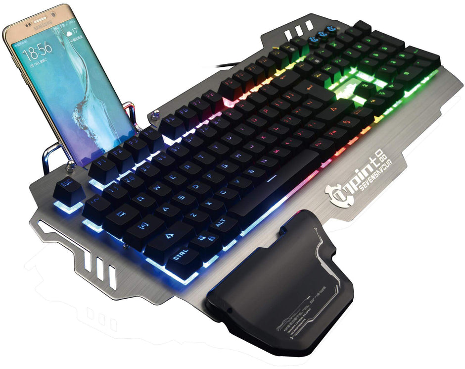 Metal Mechanical Keyboard with Mixed Light featuring vibrant RGB lighting and phone holder for enhanced gaming experience.