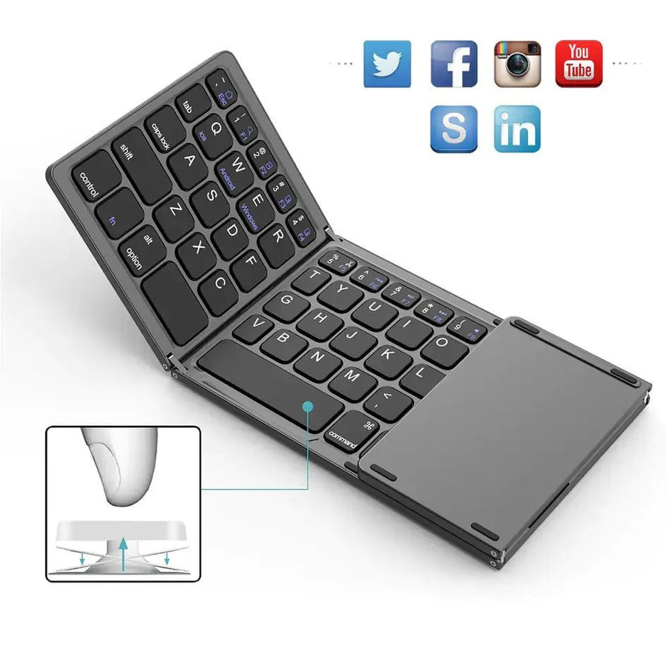Mini Bluetooth Folding Keyboard BO33 shown in three-fold design with keys for easy typing.
