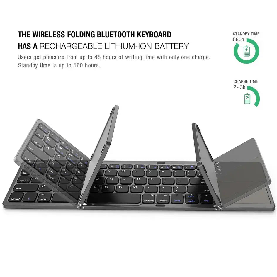 Mini Bluetooth Folding Keyboard BO33 with rechargeable battery and long standby time of 560 hours.