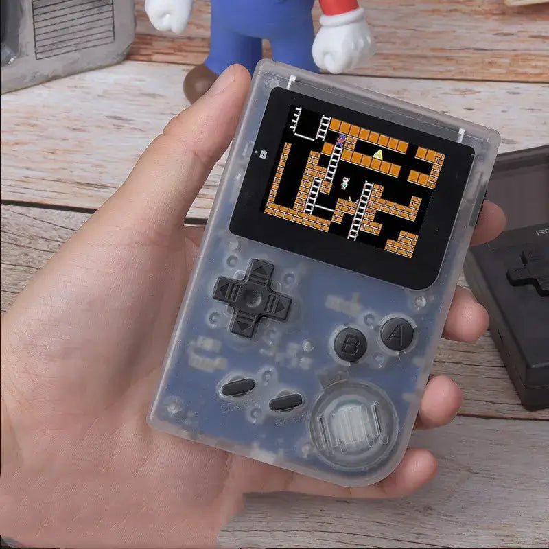 MINI Handheld Game Console with Built-in Nostalgic Games being held, showcasing retro gaming on the screen.