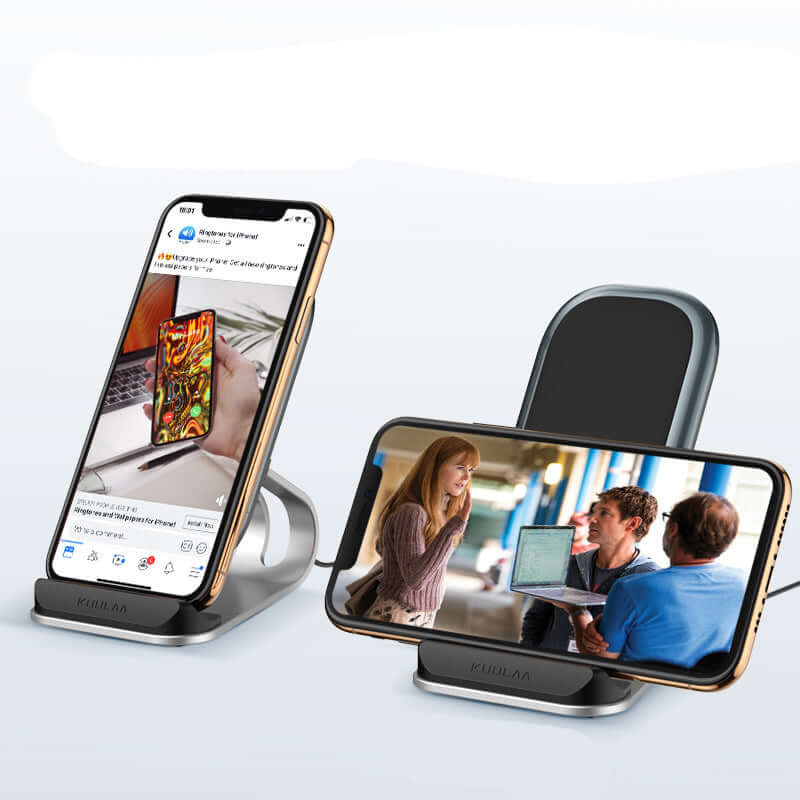 Mobile phone wireless charger showcasing two phones charging on a sleek stand, featuring a modern design and convenience.