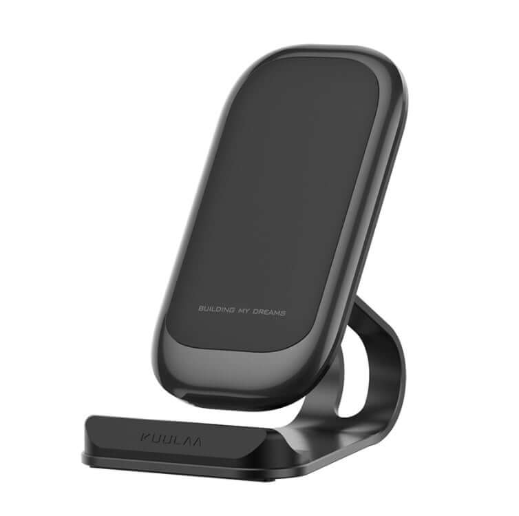 Mobile phone wireless charger in sleek black design for convenient wireless charging.