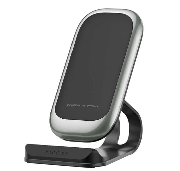 Mobile phone wireless charger with sleek design and sturdy stand for convenient charging.