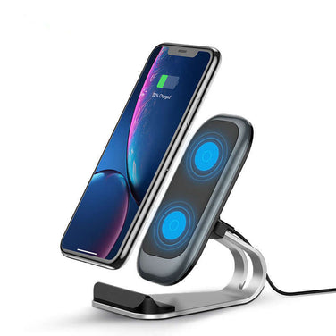 Mobile phone wireless charger with LED indicator and modern design, charging a smartphone.