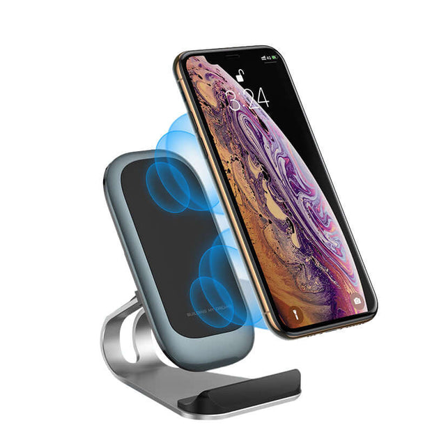Mobile phone wireless charger with phone in a sleek design, featuring LED indicator and modern Type-C interface.