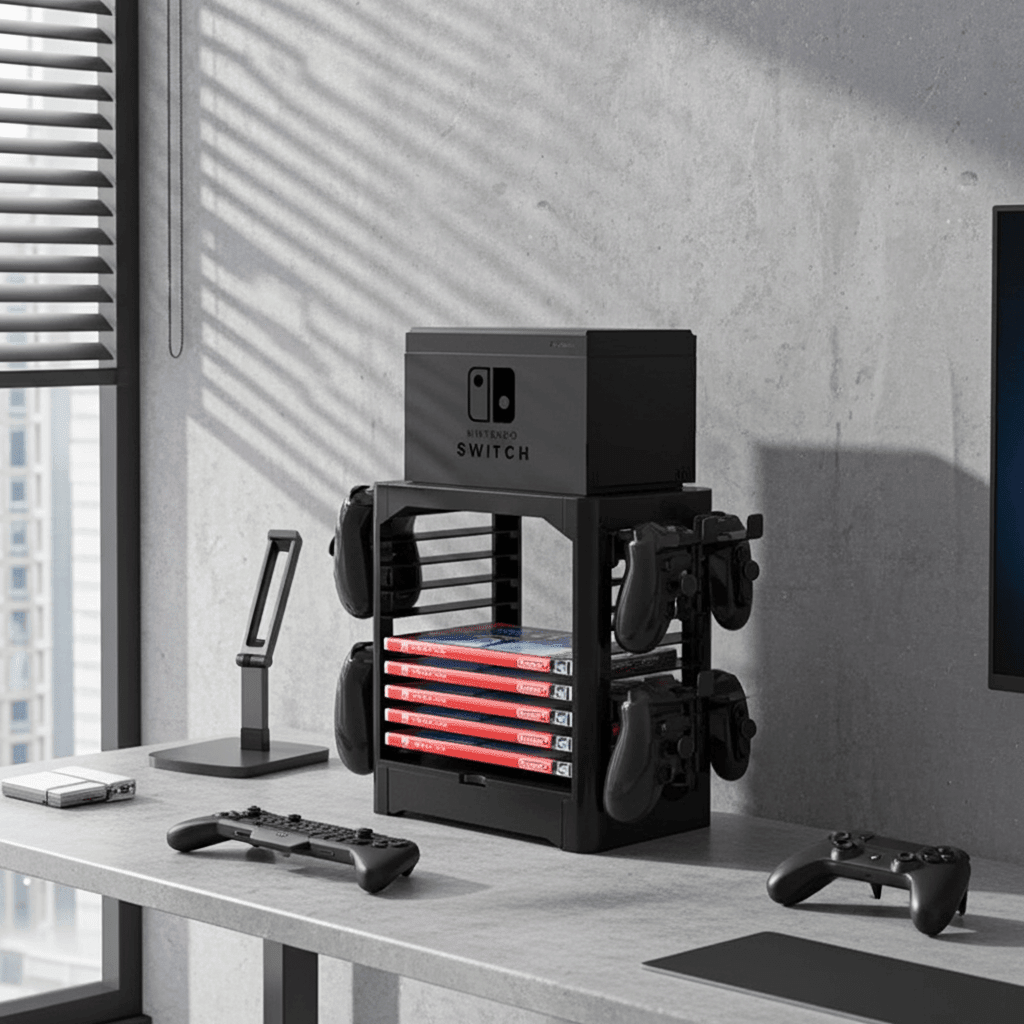 Multi-Function Storage Rack for Switch and Games showcasing organized Nintendo Switch and games on a modern desk.