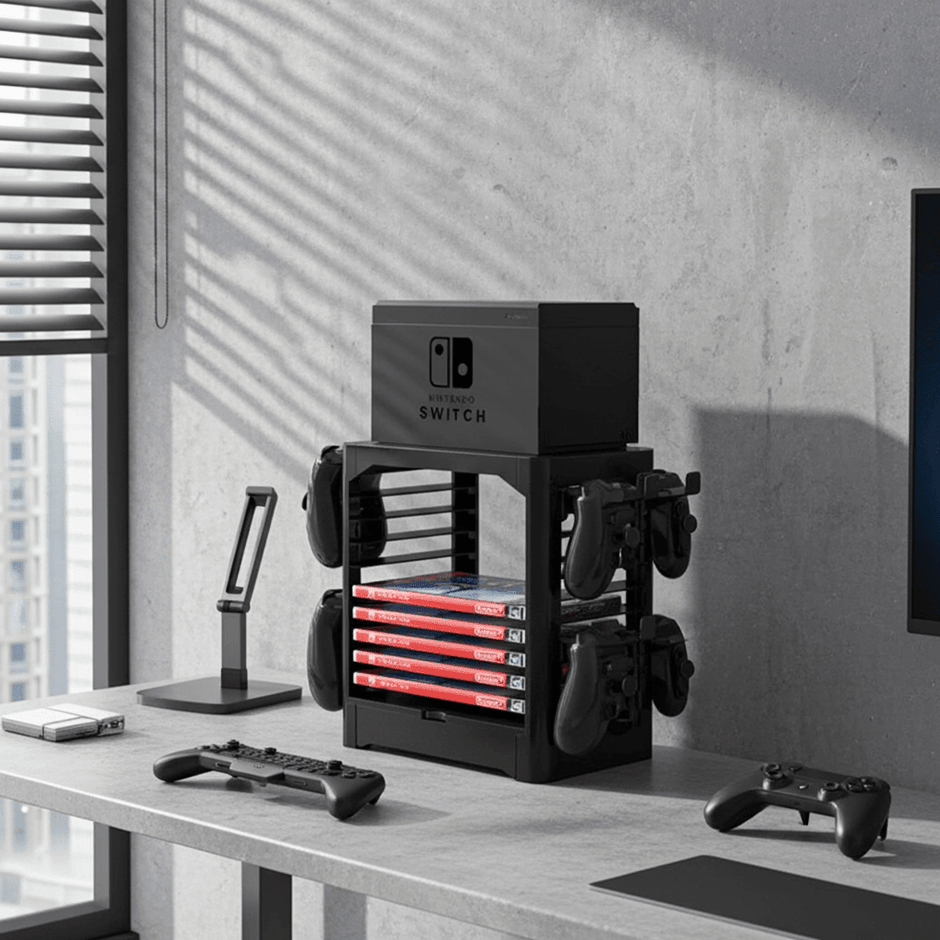 Multi-Function Storage Rack for Switch and Games showcasing organized Nintendo Switch and games on a modern desk.