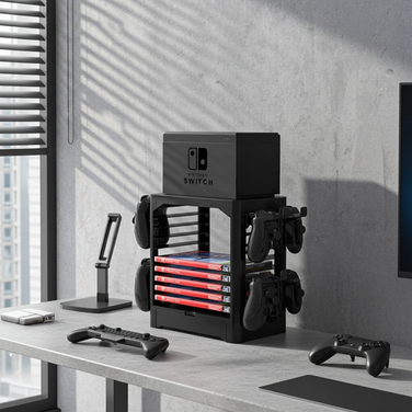 Multi-Function Storage Rack for Switch and Games showcasing organized Nintendo Switch and games on a modern desk.