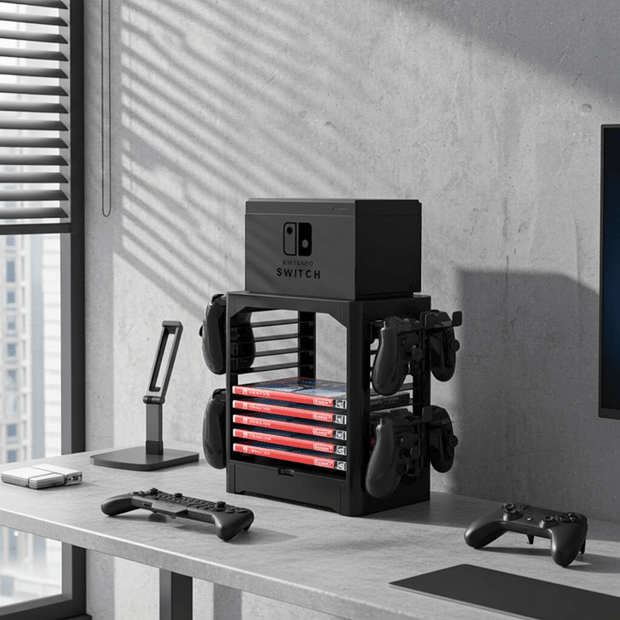 Multi-Function Storage Rack for Switch and Games showcasing organized Nintendo Switch and games on a modern desk.