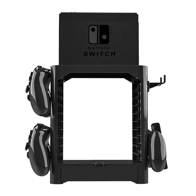 Multi-Function Storage Rack for Switch and Games displaying Nintendo Switch console and controllers.