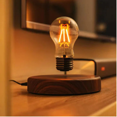Mystical Floating Desk Lamp showcasing a modern LED bulb floating above a wooden base, ideal for stylish ambiance.