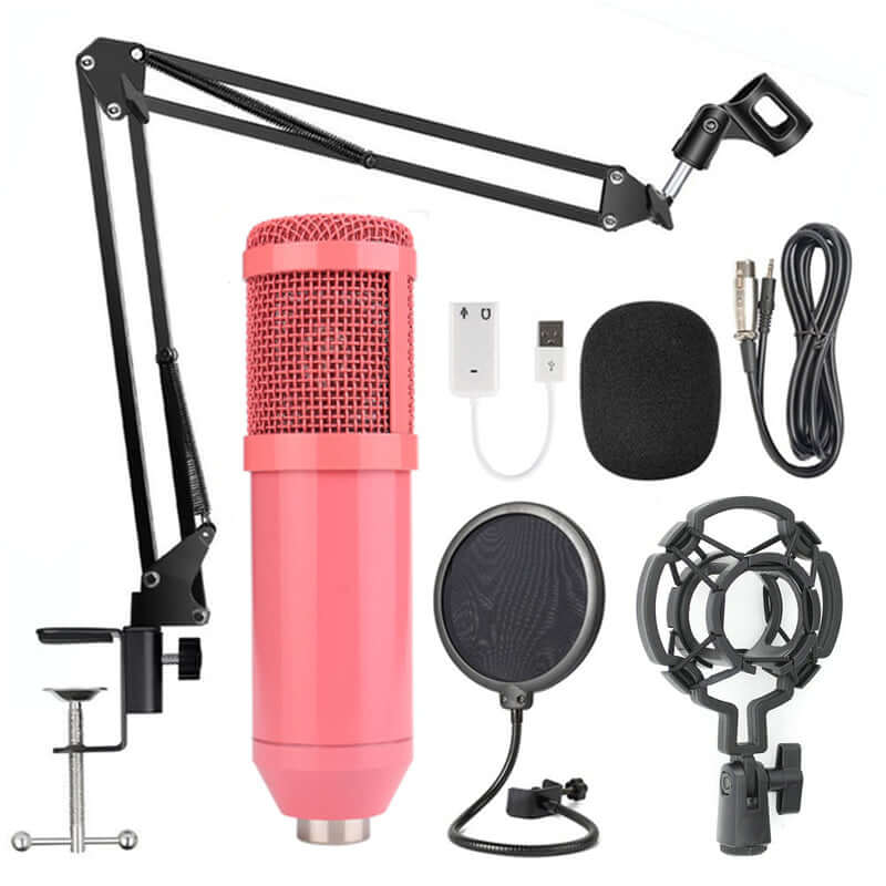 Net microphone stand set featuring a pink microphone, adjustable boom arm, pop filter, and accessories.