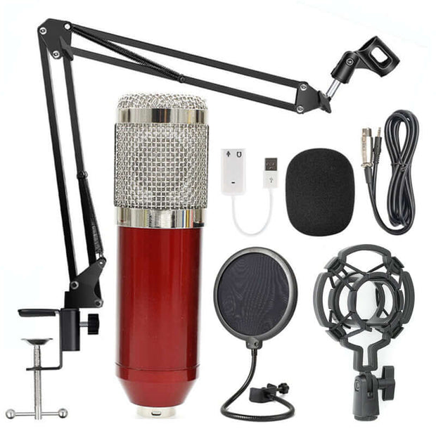 Net microphone stand set featuring BM-800 microphone, adjustable arm, pop filter, and accessories for high-definition audio.