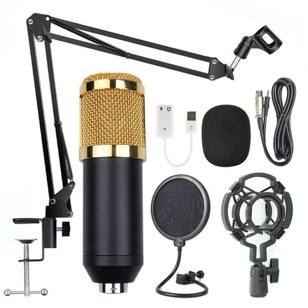 Net microphone stand set featuring BM-800 microphone, adjustable stand, pop filter, and connection cables.