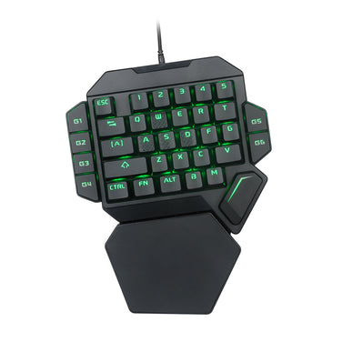 One-handed Mechanical Keyboard for Gaming with green backlight and compact design for FPS and MMO games.