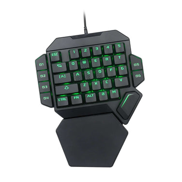 One-handed Mechanical Keyboard for Gaming with green backlighting and ergonomic design.