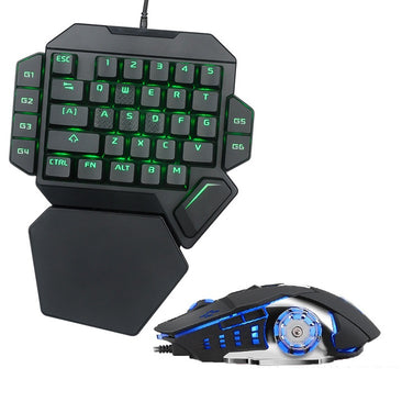 One-handed Mechanical Keyboard for Gaming with backlit keys and gaming mouse setup.