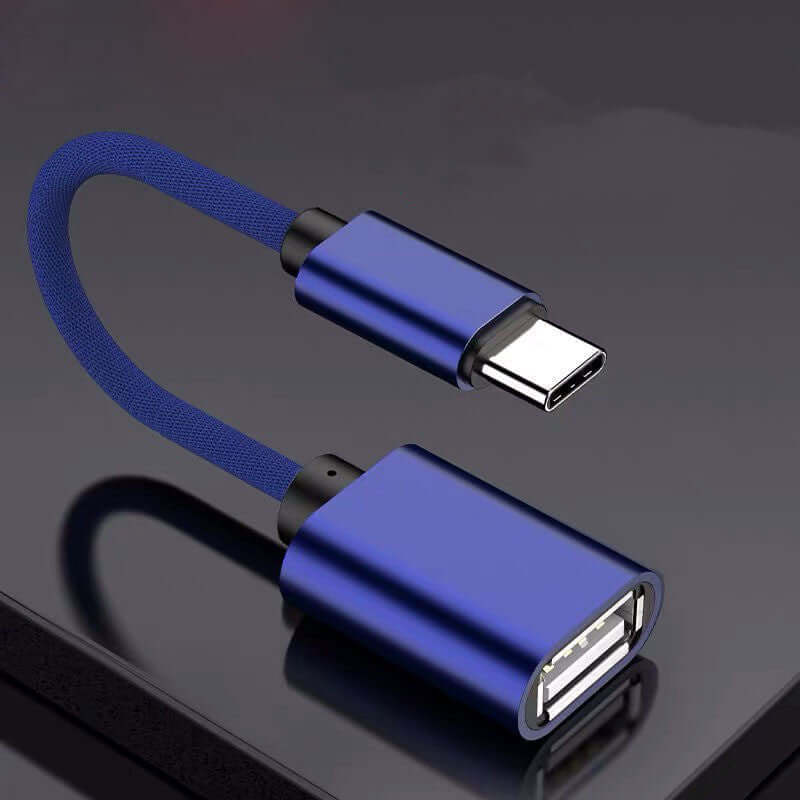 U Disk Mouse Keyboard Card Reader Applicable Cable in blue with fabric wire and aluminum alloy joint.