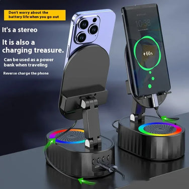 Pocket-Sized Phone Stand featuring Bluetooth audio and ambient light with charging capabilities.