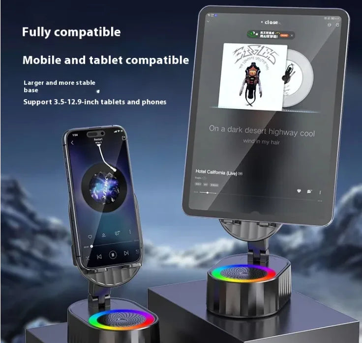 Pocket-Sized Phone Stand displaying a mobile phone and tablet with Bluetooth audio and ambient light features.