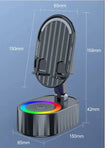 Pocket-Sized Phone Stand dimensions, featuring folding design, Bluetooth audio, and ambient lighting.