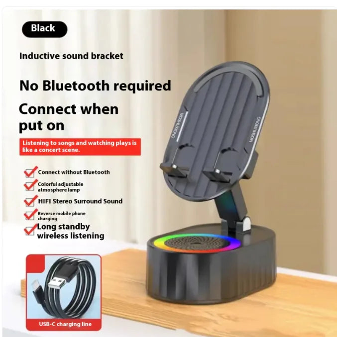 Pocket-Sized Phone Stand featuring glossy black design with Bluetooth-free audio and ambient light features.