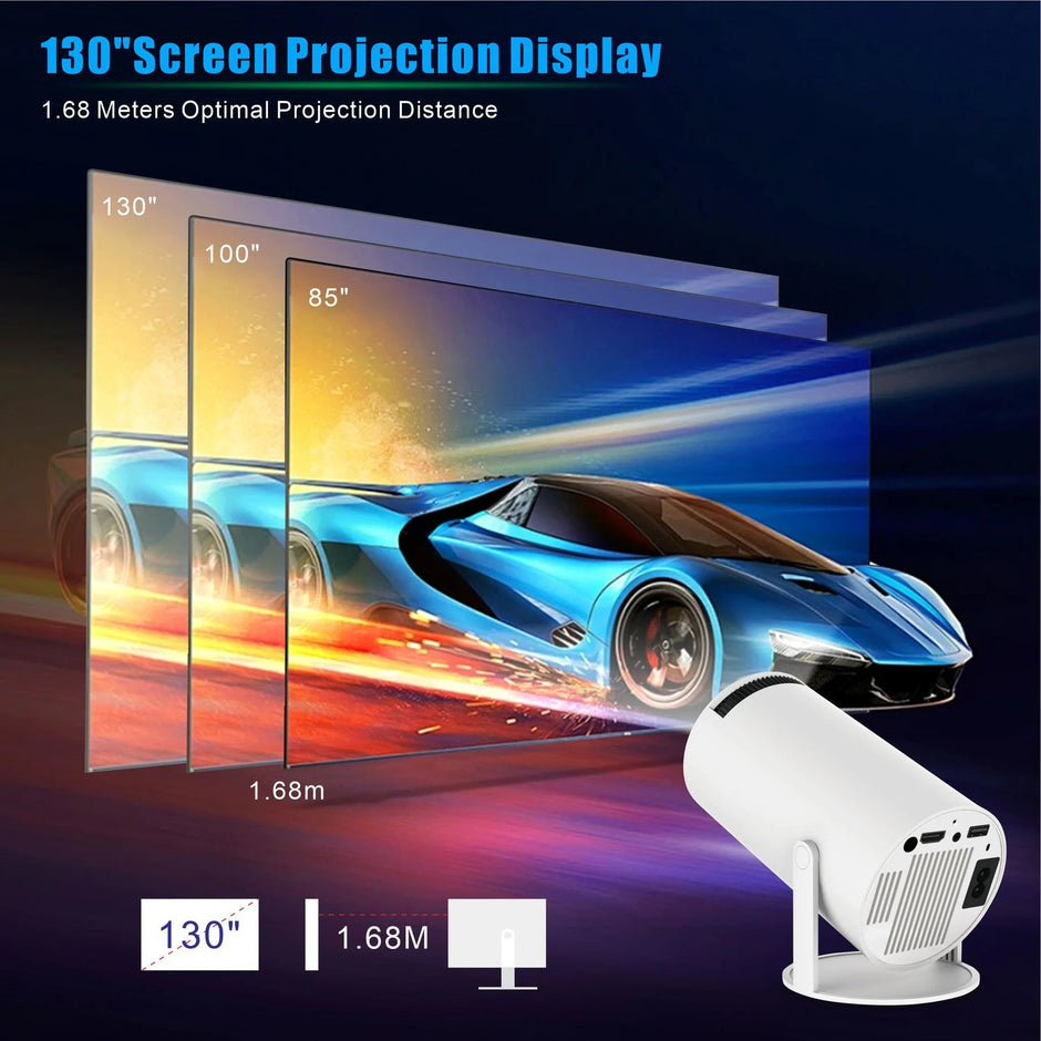 Portable HY300 Pro Projector showcasing a 130" screen projection display with optimal distance details.