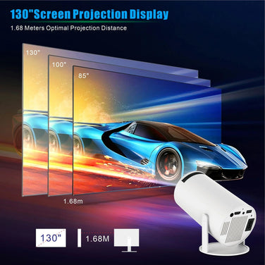 Portable HY300 Pro Projector showcasing a 130" screen projection display with optimal distance details.
