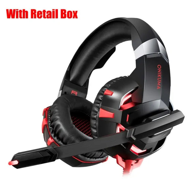 Premium Quality Gaming Headphones displayed with retail box showcasing immersive sound experience and comfort.