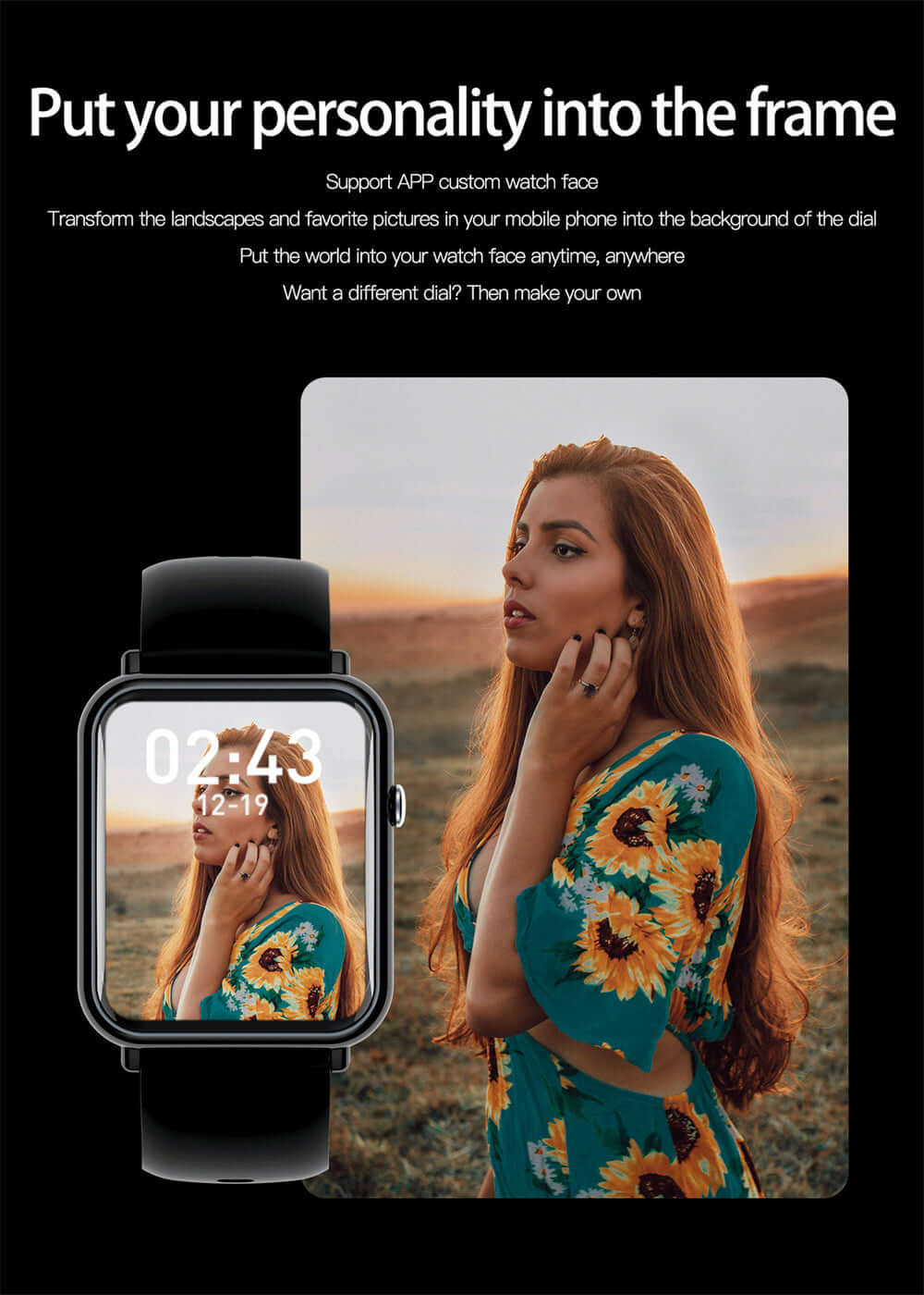 Q19 PRO Smart Watch displaying custom watch face with a woman in a colorful dress outdoors.