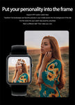 Q19 PRO Smart Watch displaying custom watch face with a woman in a colorful dress outdoors.