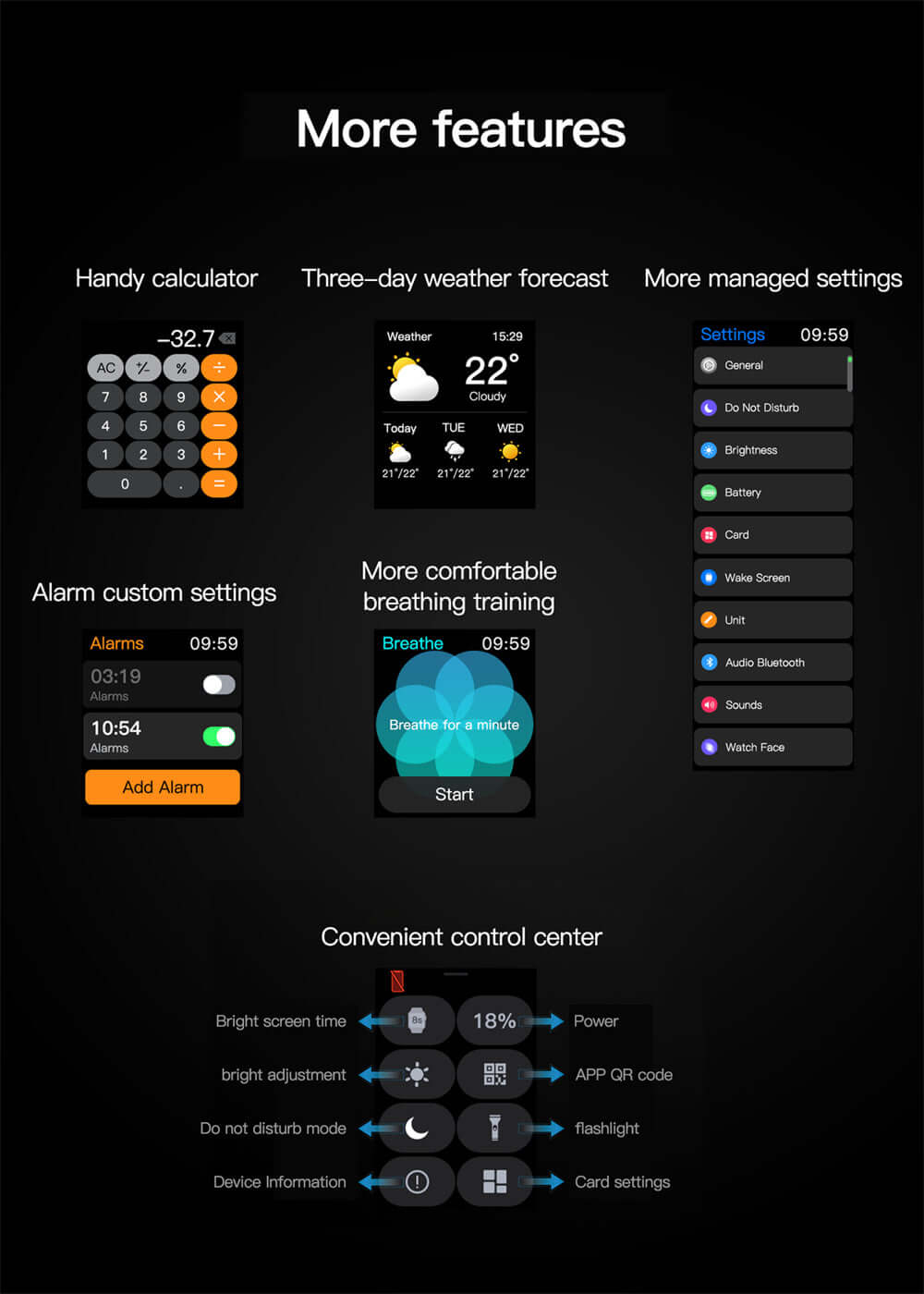 More features of the Q19 PRO Smart Watch including calculator, weather, alarms, and control center settings.