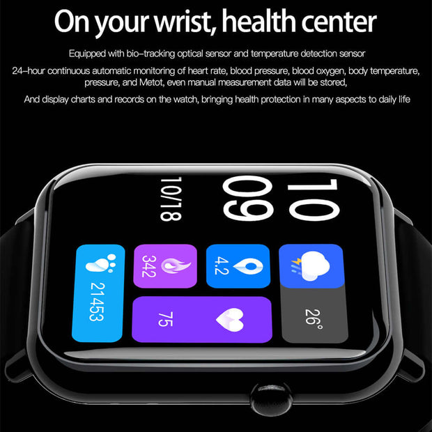 Q19 PRO Smart Watch displaying health metrics and sensor functions on a sleek touchscreen interface.