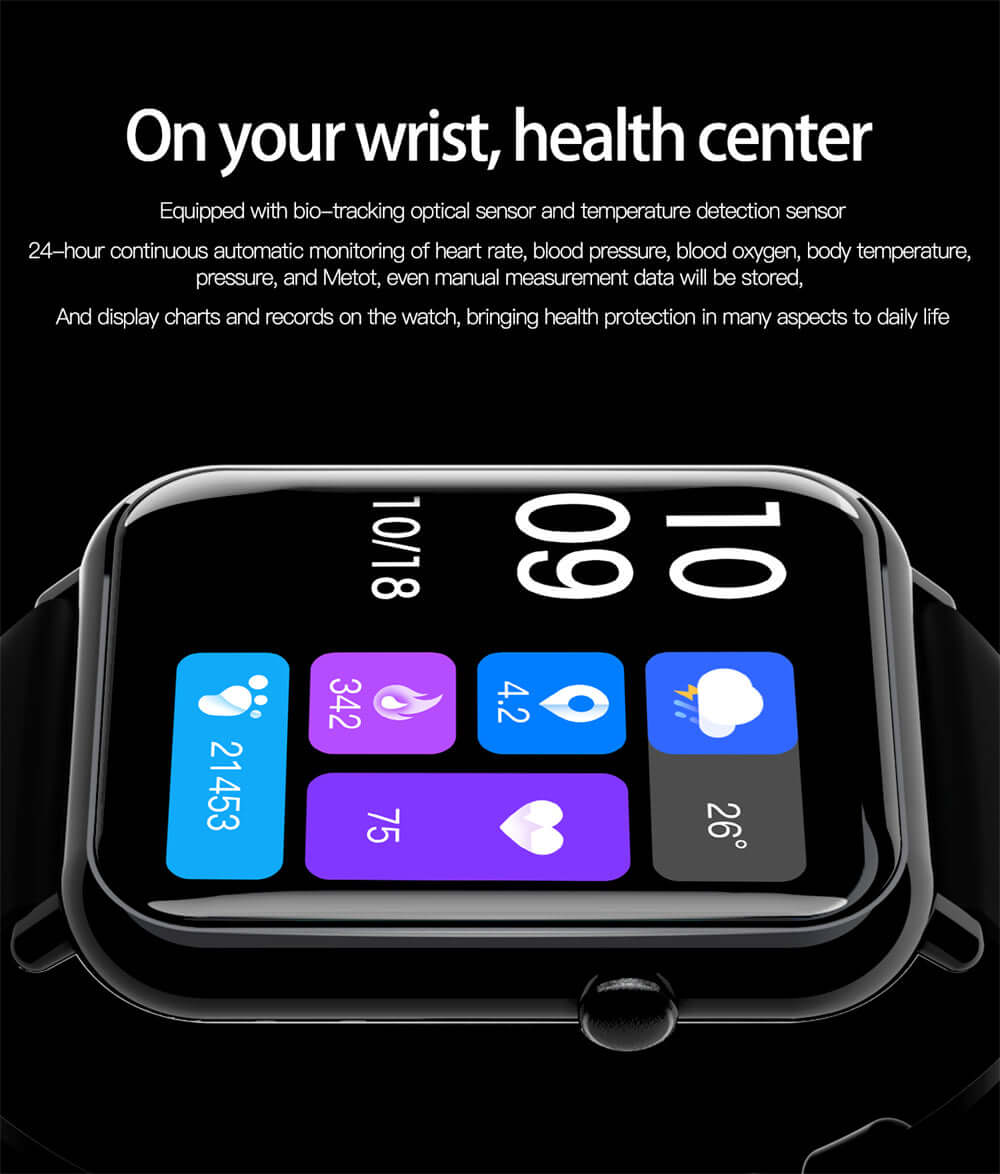 Q19 PRO Smart Watch showing health monitoring features like heart rate, blood oxygen, and body temperature.