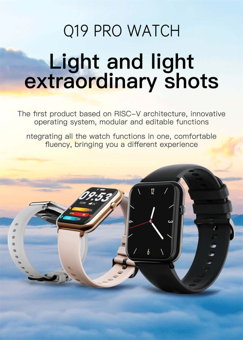Q19 PRO Smart Watch showcasing sleek design, vibrant display, and innovative features against a scenic backdrop.
